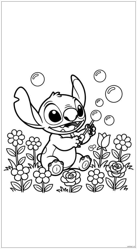 Baby Stitch speelt met zeepbellen in een bloementuin