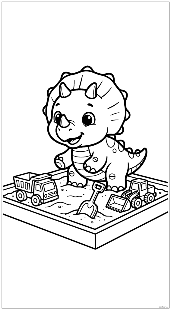 Baby Triceratops speelt in een zandbak met speelgoedvrachtwagens en een plastic schep