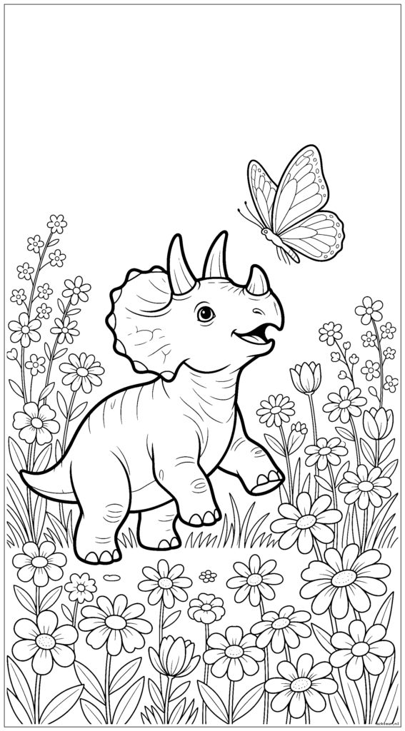 Baby triceratops spelen met een vlinder in een bloemenveld