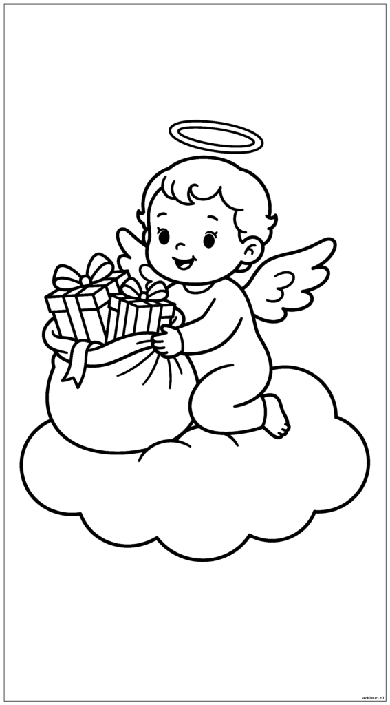 Babyengel rijdt op een donzige wolk terwijl hij cadeautjes bezorgt