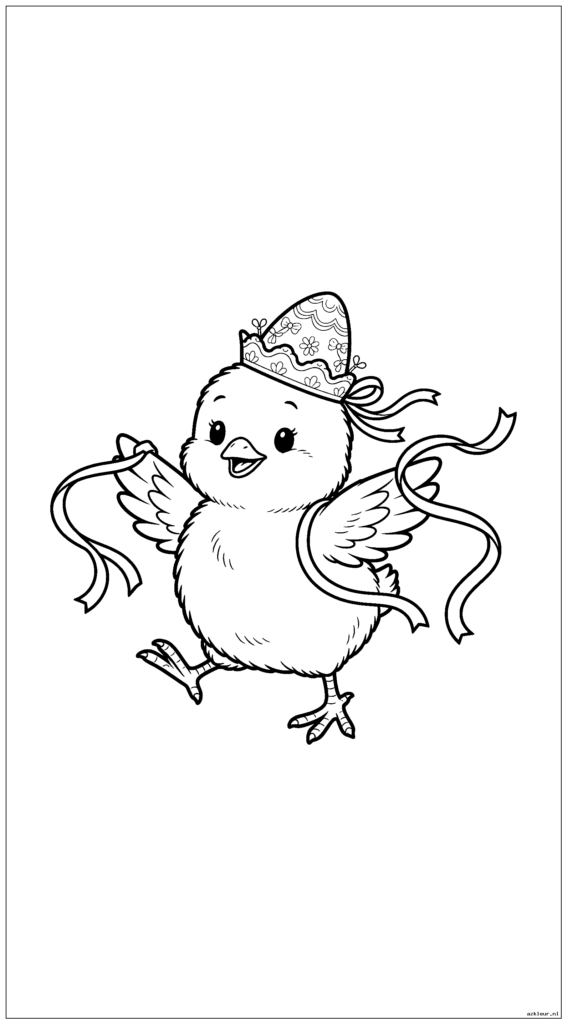 Babykuiken draagt ​​een klein paasmutsje terwijl hij danst met linten