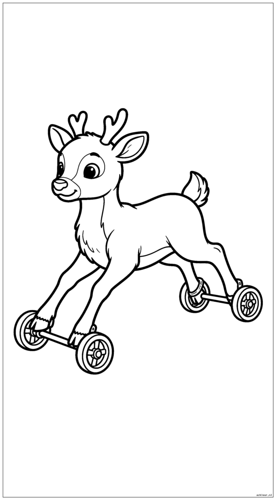 Babyrendier leert vliegen met zijwieltjes op zijn hoeven