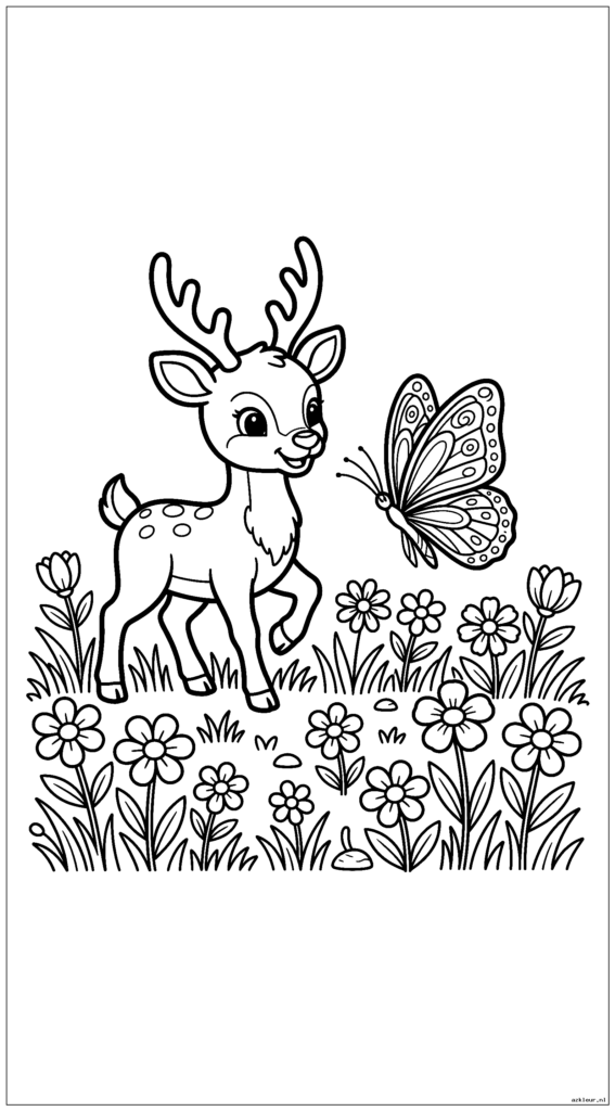 Babyrendieren spelen met een vlinder in een bloemenweide