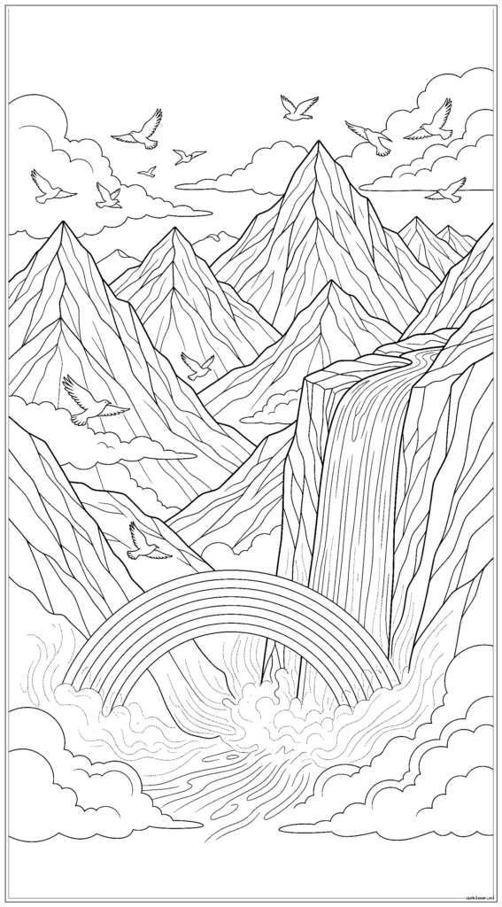 Bergvallei met waterval die een regenboogmist creëert en vogels die door wolken vliegen