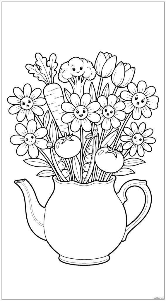 Boeket in een vintage theepot met bloemen die kiekeboe spelen