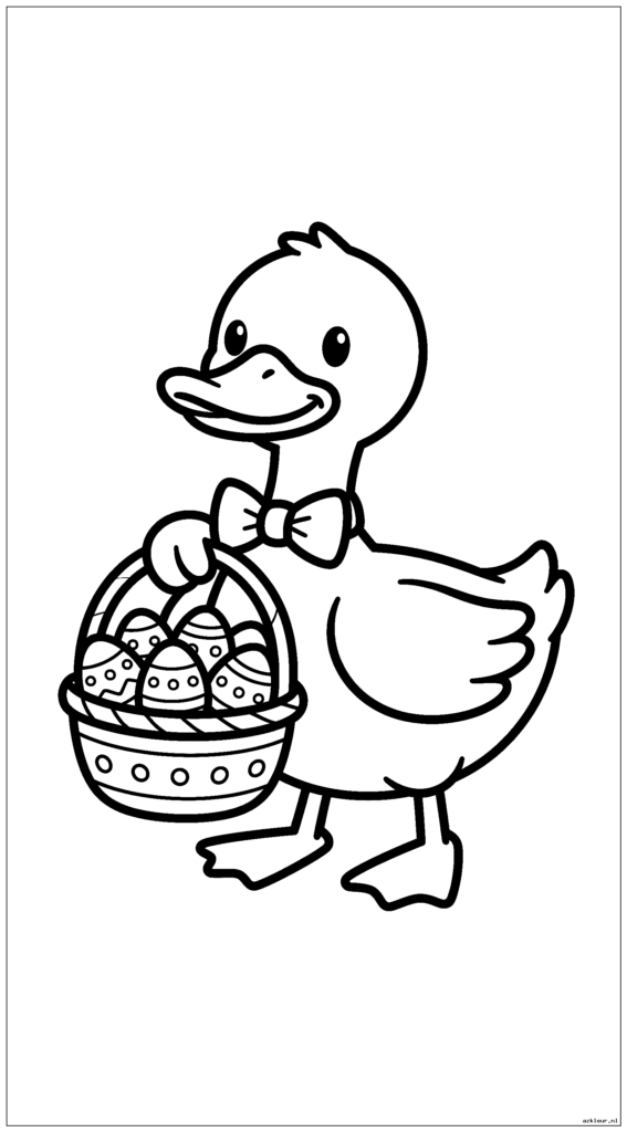 Boerderij-eend met een vlinderdas en een paasmandje in zijn snavel