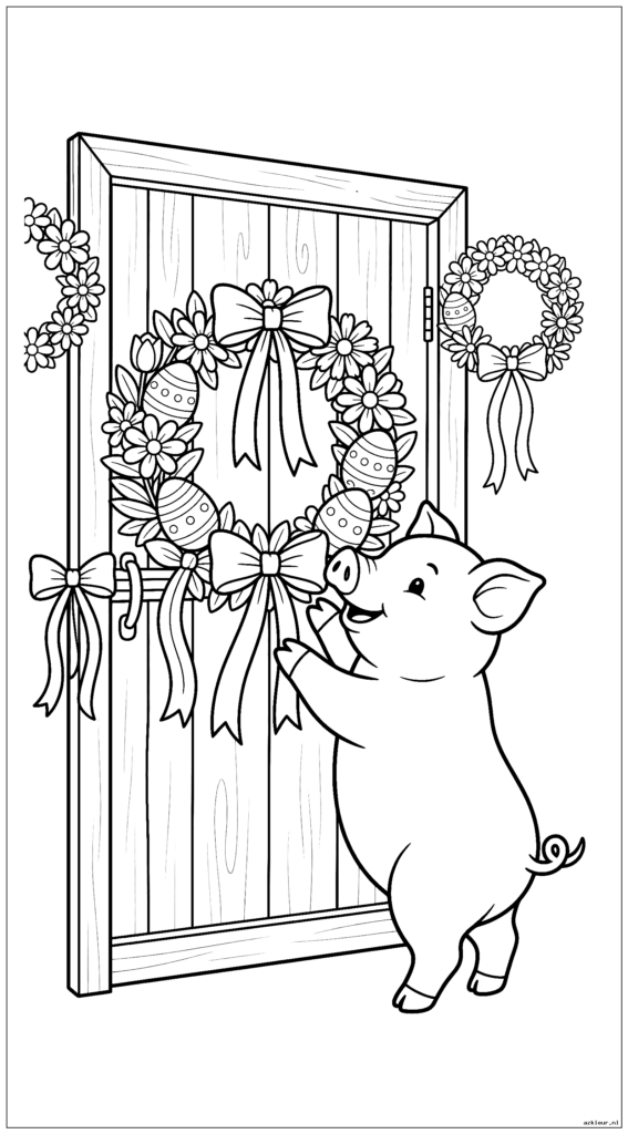 Boerderijvarken versiert een schuurdeur met paaskransen en linten