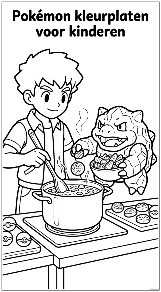 Brock kookt Pokemon-eten terwijl zijn Geodude helpt bij het bereiden van ingrediënten