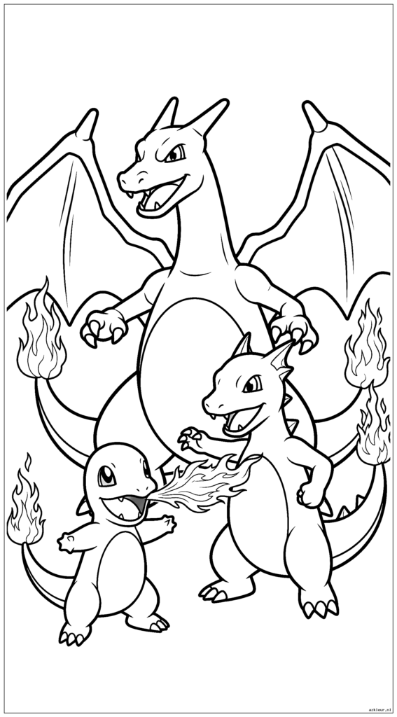 Charmander oefent vuurspuwen terwijl Charmeleon lesgeeft en Charizard trots toekijkt