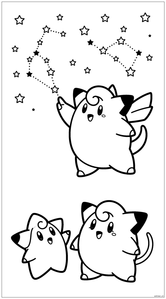 Cleffa kijkt naar de sterren met Clefairy terwijl Clefable sterrenbeelden in de lucht tekent