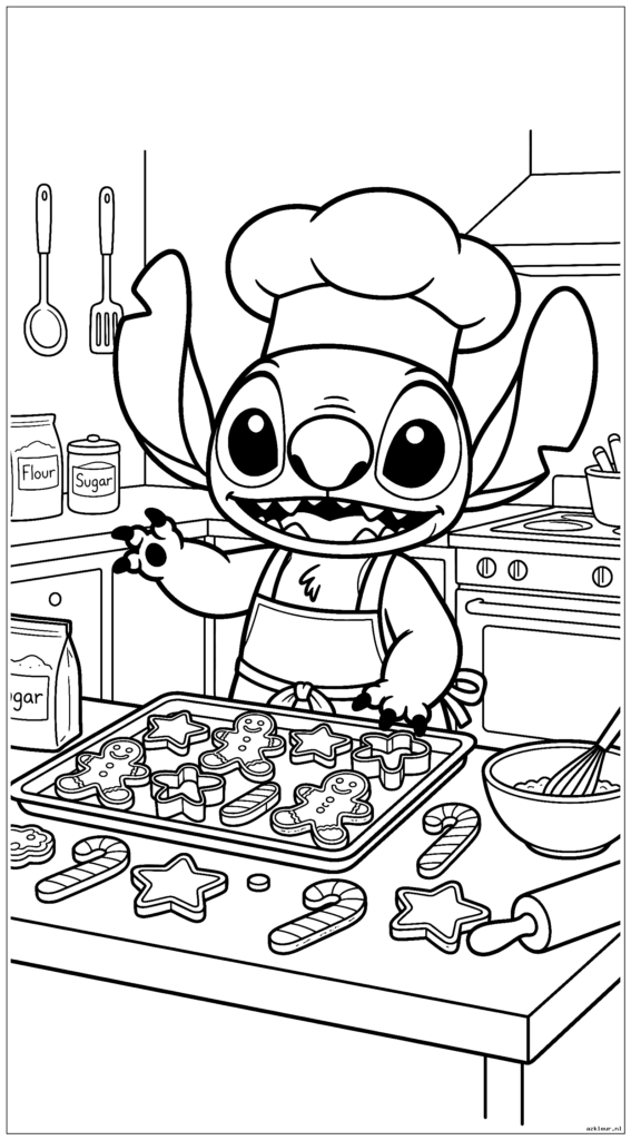 Cute Stitch bakt kerstkoekjes in de keuken met een koksmuts en schort