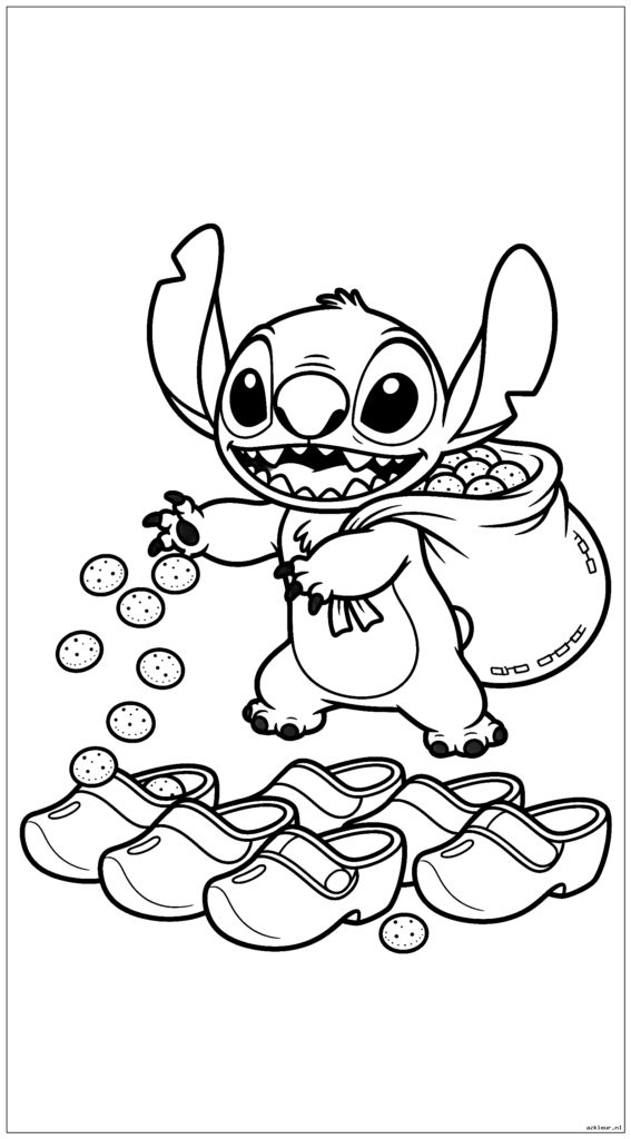 Cute Stitch gooit pepernoten uit een grote zak in kinderschoenen