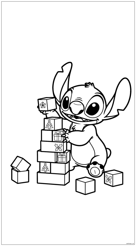 Cute Stitch speelt met bouwstenen en maakt een eenvoudige toren