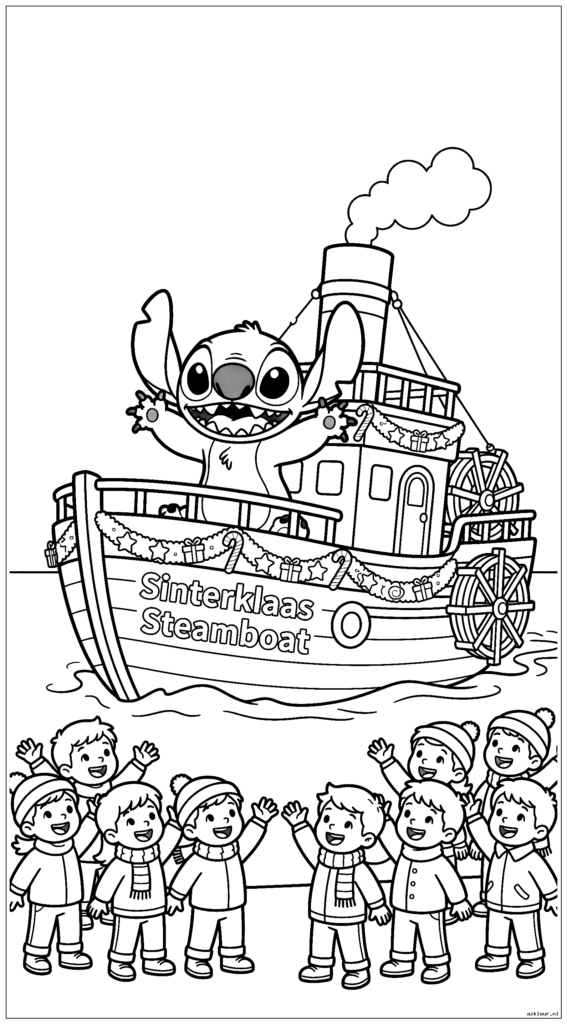 Cute Stitch vaart op de Sinterklaasstoomboot en zwaait naar kinderen