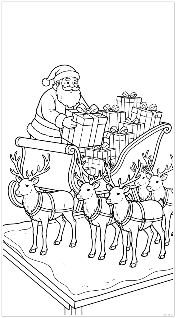 De Kerstman laadt cadeautjes in zijn slee op het dak terwijl de rendieren geduldig wachten