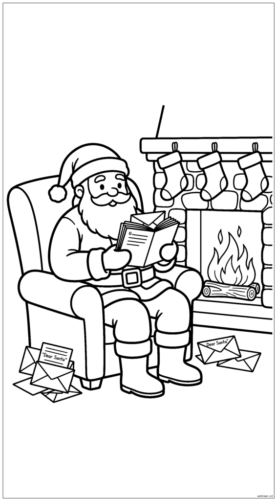 De Kerstman leest kerstbrieven in zijn gezellige fauteuil naast een open haard