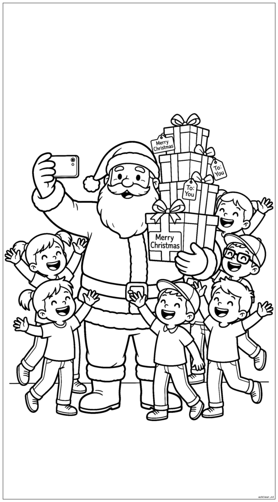 De Kerstman maakt een selfie met opgewonden kinderen terwijl hij kerstcadeautjes vasthoudt