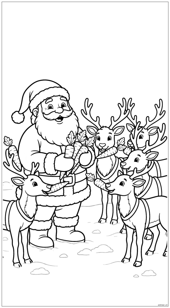 De Kerstman voert met een grote glimlach zijn rendierwortels in de sneeuw