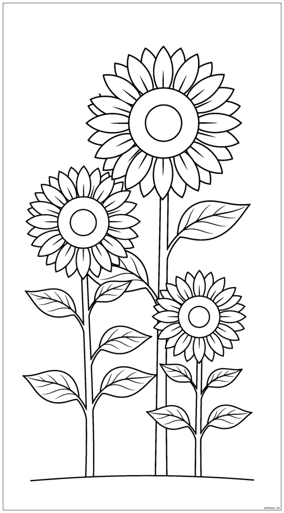 Drie zonnebloemen op verschillende hoogten die uit de grond groeien met zichtbare stengels en bladeren