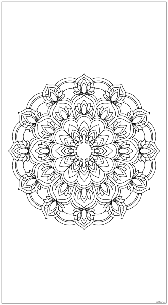 Een cirkelvormige mandala met afwisselende regenboogbogen en lotusbloemen die vanuit het midden stralen
