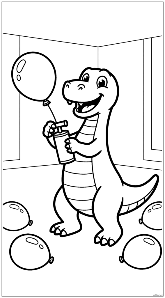 Een dinosaurus die ballonnen opblaast met een simpele ballonpomp