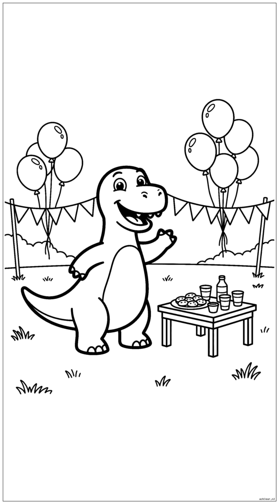 Een dinosaurus die een eenvoudig buitenfeestje organiseert met een tafeltje met hapjes en drankjes