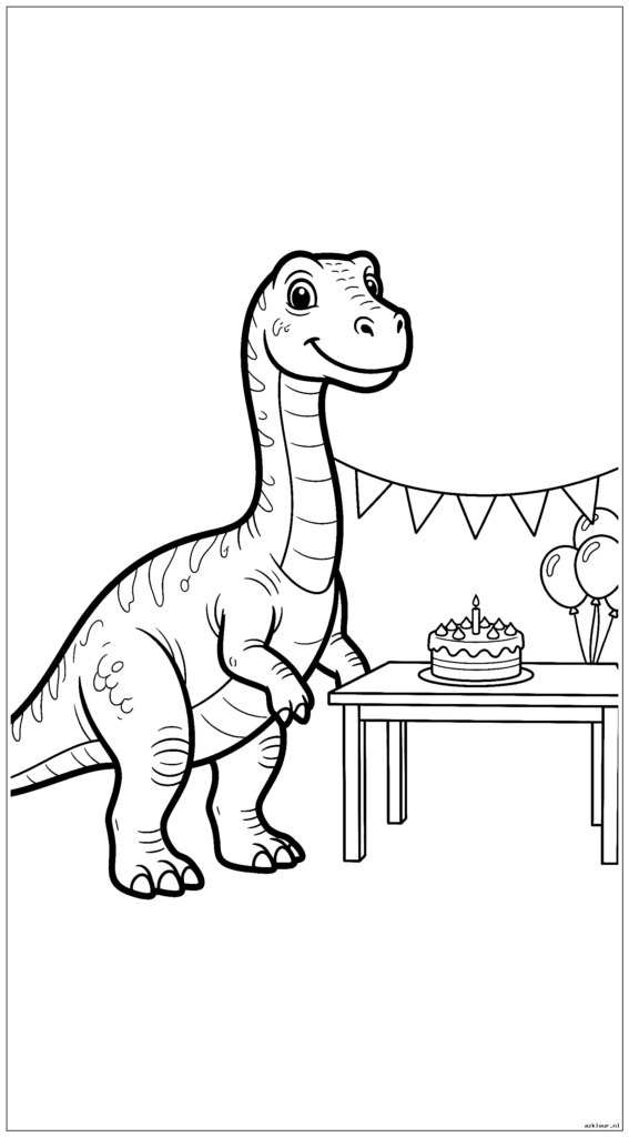 Een dinosaurus in realistische stijl die naast een eenvoudige verjaardagsopstelling staat met een tafel en een taart