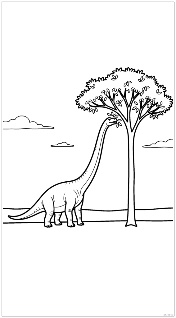 Een dinosaurus met lange nek die omhoog reikt om bladeren van een hoge, eenvoudige boom te eten