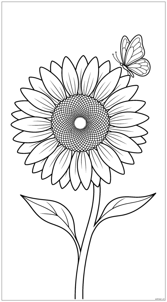 Een enkele gigantische zonnebloem die zwaait in een zomerbriesje met een vlinder die op één bloemblad landt