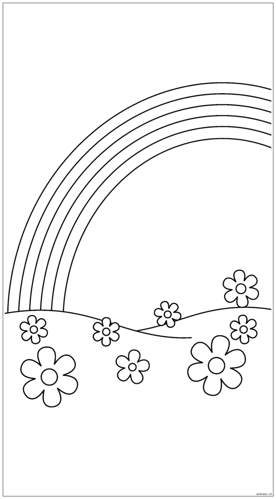 Een groot verticaal tafereel met een regenboog die van de ene naar de andere kant buigt