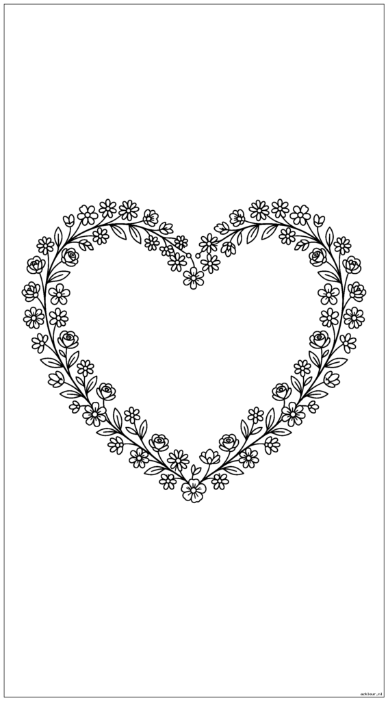 Een hartvormige krans gemaakt van kleine bloemen en bladeren