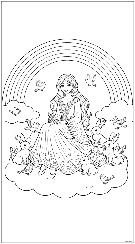 Een hoog verticaal tafereel met een prinses zittend op een wolk omringd door kleine dieren zoals konijnen en vogels