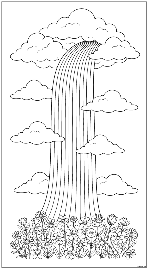 Een hoog verticaal tafereel met een regenboogwaterval die uit de wolken naar beneden stroomt