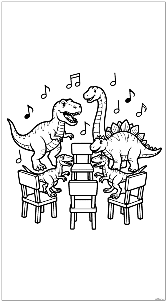 Een kleine groep dinosaurussen die stoelendans spelen rond een paar eenvoudige stoelen