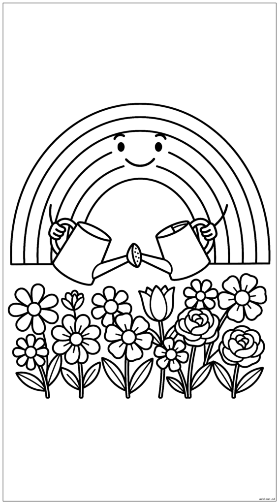 Een lachende regenboog die een gieter boven bloeiende bloemen houdt