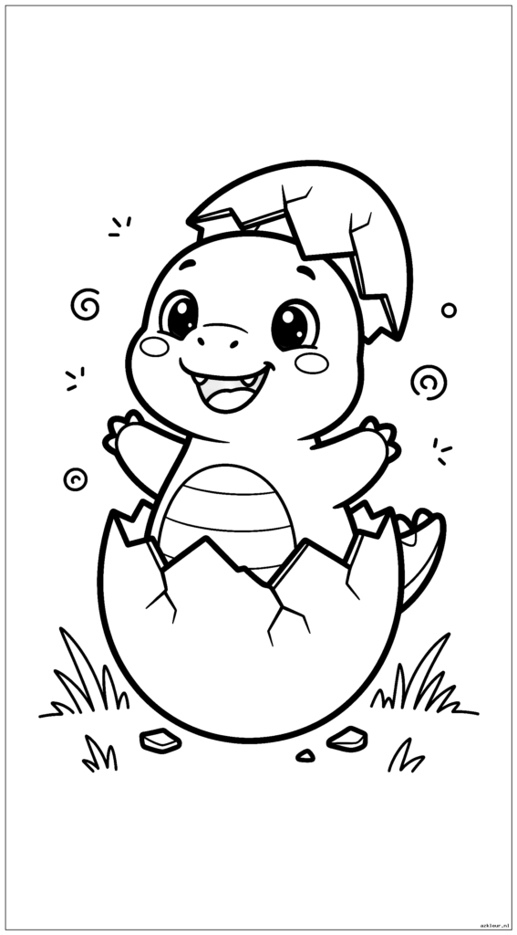 Een mollige babydinosaurus die uit een ei komt