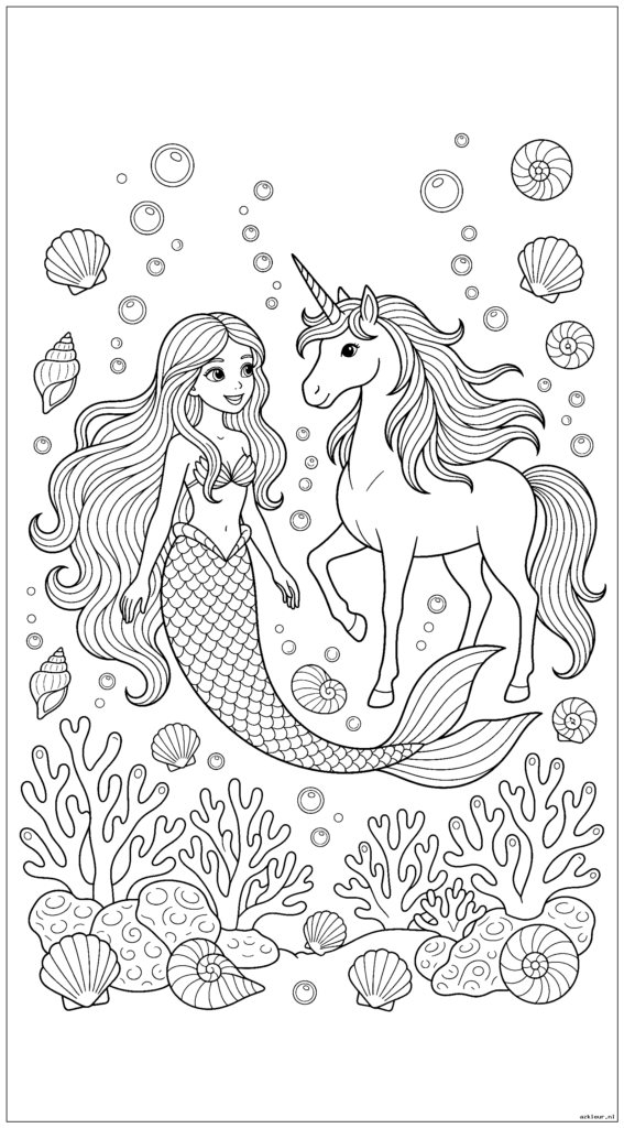 Een prachtige zeemeermin met lang golvend haar en een magische eenhoorn met hoorn