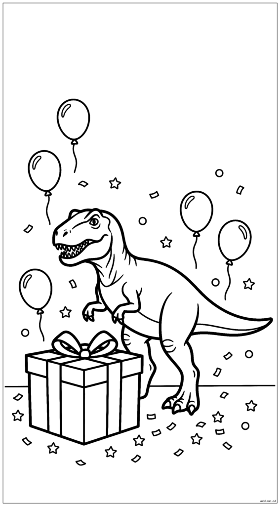 Een realistische dinosaurus die naast een geschenkdoos op de grond staat
