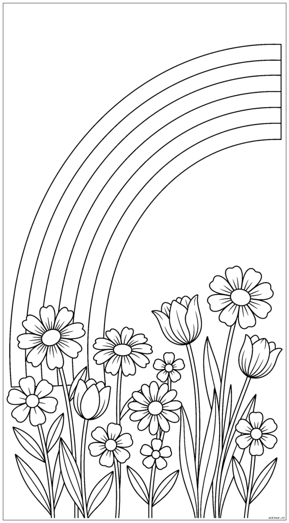 Een regenboog die zich boven een bloembed buigt met gelaagde bloemblaadjes en stengels