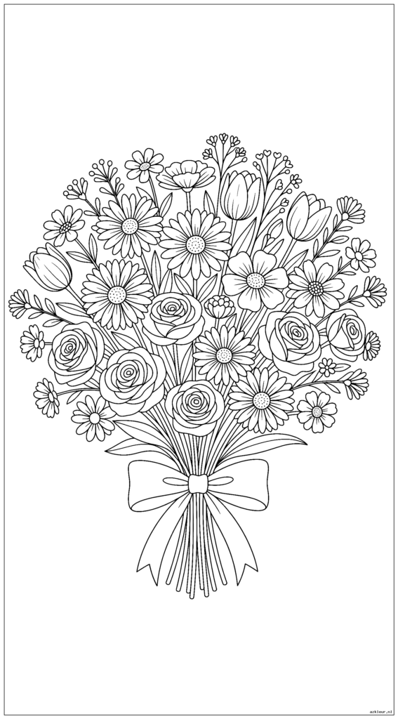 Een rond boeket van gemengde bloemen, vastgebonden met een strik van lint