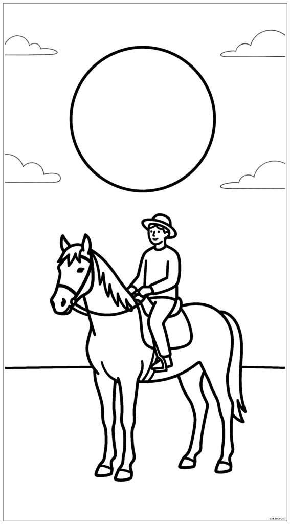 Een ruiter die rustig op een paard zit en naar een grote, eenvoudige ondergaande zon kijkt