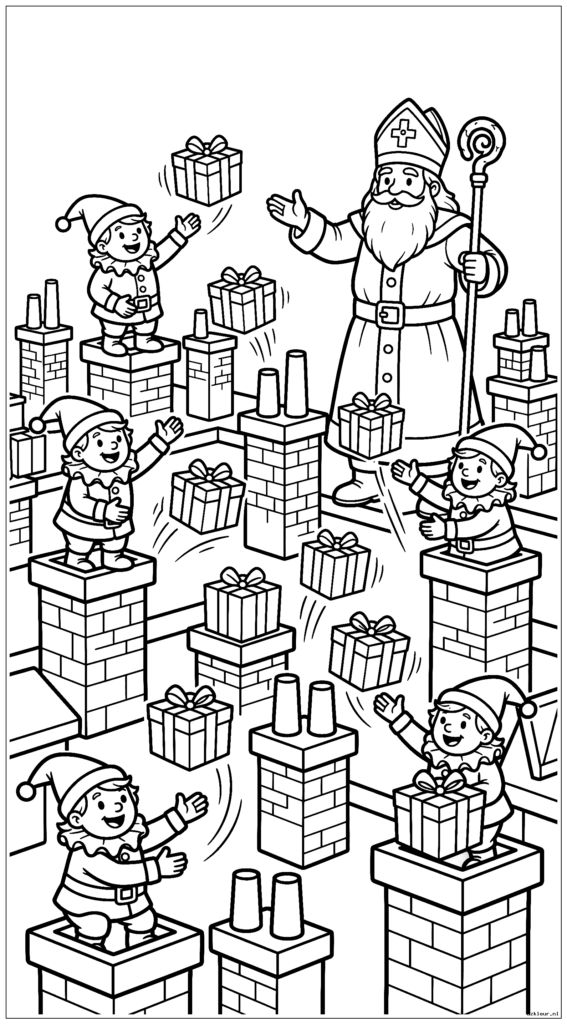 Een scène op het dak met veel schoorstenen en helpers die cadeautjes naar beneden gooien terwijl Sinterklaas toezicht houdt