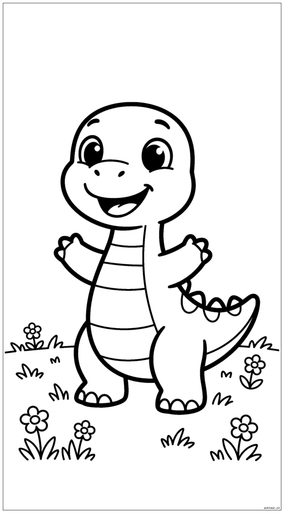 Een schattige cartoondinosaurus met grote ronde ogen en een vrolijke glimlach die in een eenvoudige prehistorische weide staat