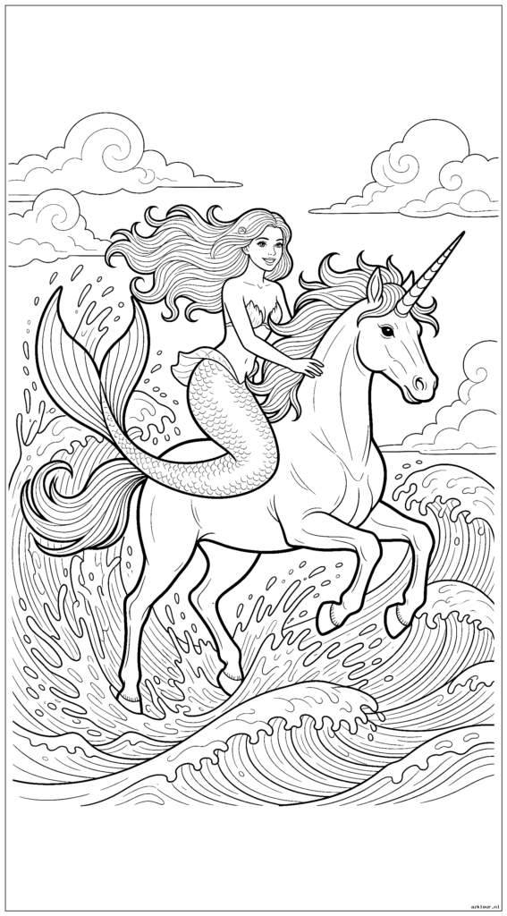 Een sierlijke zeemeermin die rijdt op een magische eenhoorn die over oceaangolven rent