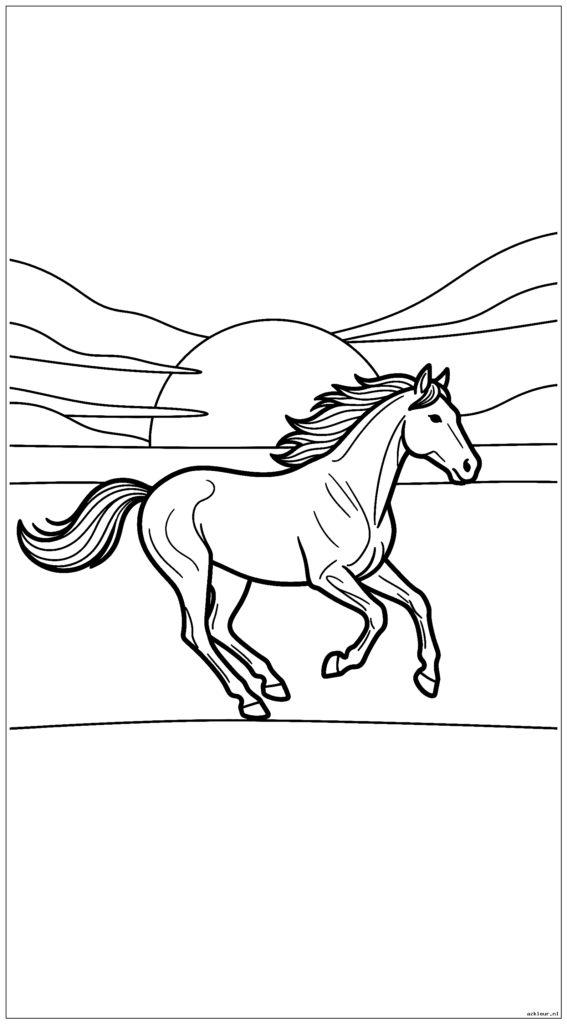 Een sterk paard dat in zijaanzicht over een eenvoudige grondlijn galoppeert