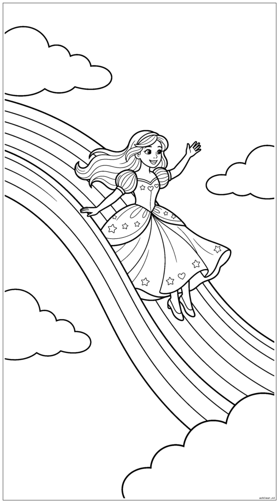 Een verticale compositie met een prinses die als een glijbaan langs een regenboog rijdt
