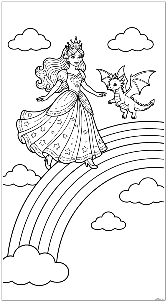 Een verticale compositie met een prinses die langs een regenboog loopt terwijl er vlakbij een kleine draak vliegt