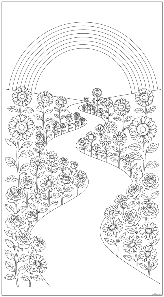 Een verticale compositie met onderaan een kronkelend tuinpad