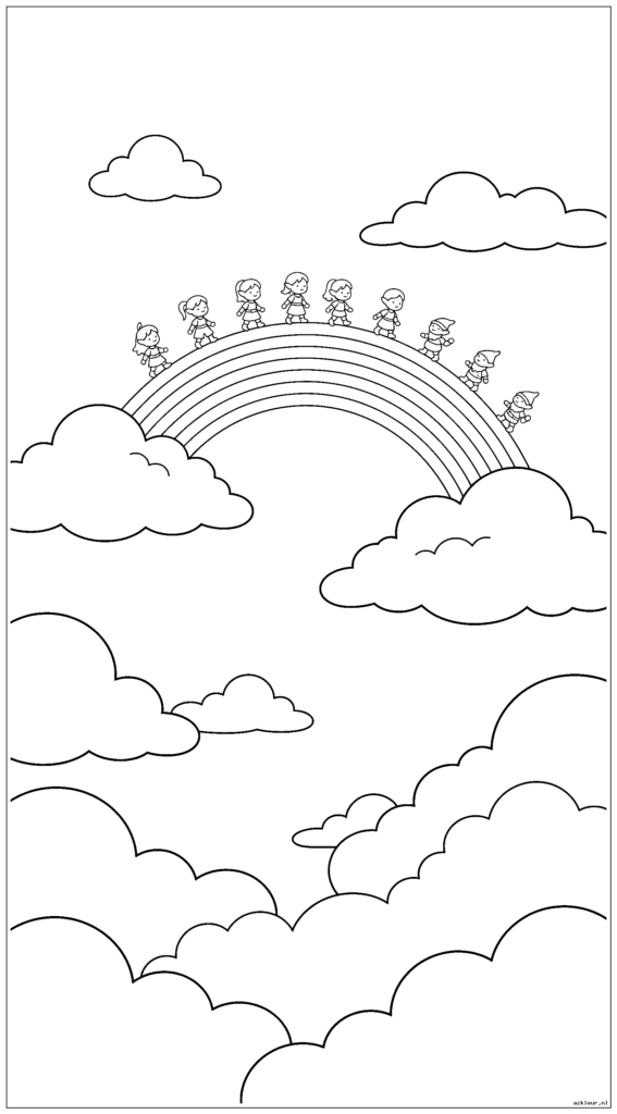 Een verticale fantasiehemelscène waarbij een regenboog een brug vormt tussen twee gigantische wolken
