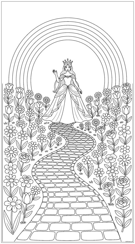 Een verticale indeling met een kronkelend tuinpad dat leidt naar een prinses onder een regenboog